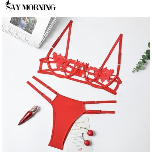 SAY MORNING New 2020 Women Sexy Guipure Lace Underwire Lingerie Set Hollow out Floral Tops Bra Thong Two piece Underwear Set
