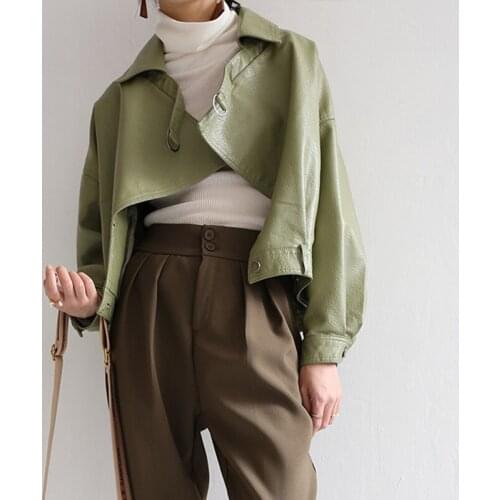 New Women Loose Streetwear Leather Jacket Spring Autumn Batwing Sleeve Faux Leather Coat Ladies Green Moto Biker Outwear