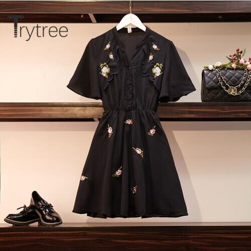 Trytree 2020 Summer Woman Casual Dress V-neck Embroidery Ruffles A-line Flare Sleeve Button Black Fashion Elegant Mini Dress