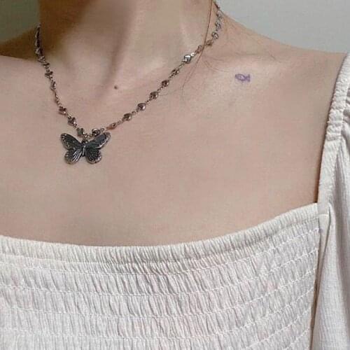 Hot Sale Crystal Butterfly Pendant Necklace Punk Choker Necklace Antique Silver Chain Clavicle Choker Women Fashion Jewelry Gift