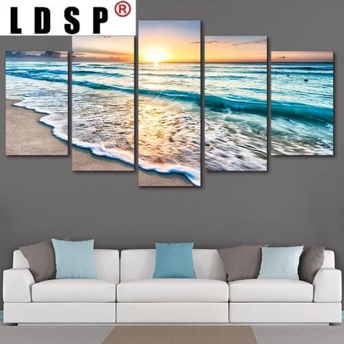 LDSP Modern Wall Art HD Print Modular Posters Pictures Canvas Paintings 5 Panel Waves On Beach At Sunup Seascape Home Decor