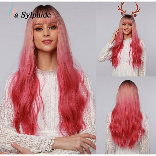 La Sylphide Halloween Cosplay Wig Long Wave Root Black Ombre Pink Synthetic Hair Wigs for Woman Heat Resistant Fiber Wig