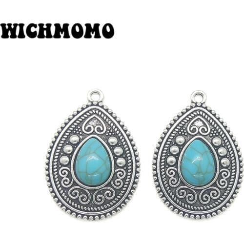 New 2pieces/bag 38*27MM Retro Zinc Alloy Inlaid Acrylic Green Bead Water Drop Pendant for DIY Jewelry Necklace Accessories Gifts