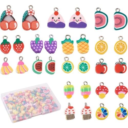 120Pcs Fruit Floral Ladybug Handmade Polymer Clay Charms Mixed Color Bracelet Pendants with Iron Findings DIY Jewelry Making