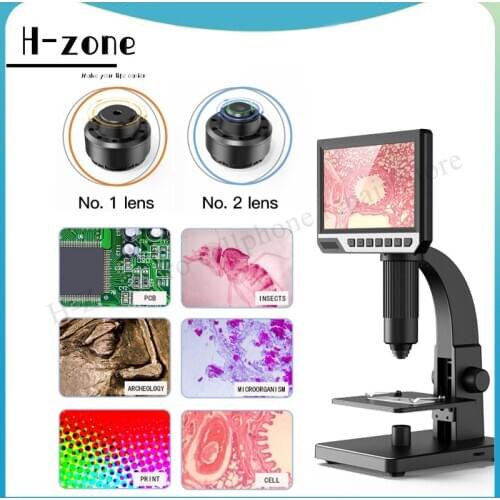 Latest 12MP HD 7-inch IPS screen 2000x digital industrial double lens microscope with 11 LED lights for microbial observation