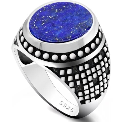 Natural Lapis Lazuli Stone Ring for Men 925 Sterling Silver Vintage Mosaic Blue Gem Rings Turkish Jewelry Anniversary Gift