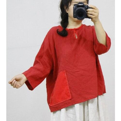 QPFJQD Ladies Patchwork Pockets Pullover Tees Spring Autumn Women Loose Original Retro Linen T-Shirts And Tops