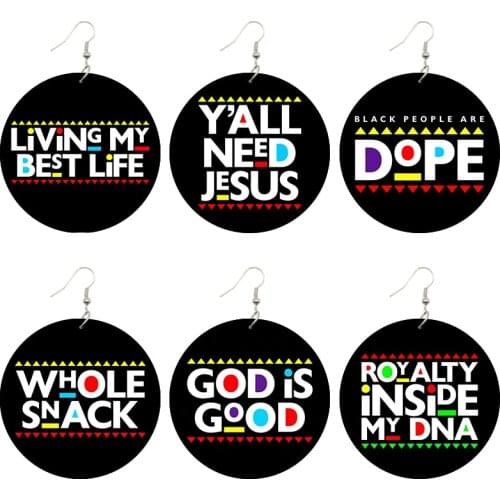 SOMESOOR Black Dope African Wooden Drop Earrings Jesus God Is Good Inspired Sayings Printed Loops Dangle Jewelry For Women Gits