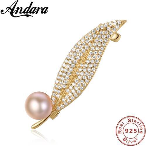 2018 New 925 Sterling Silver Micro Pave Design Clear CZ Shaped Leaf Brooches Pearl Clothing Women Wedding Jewelry Pins