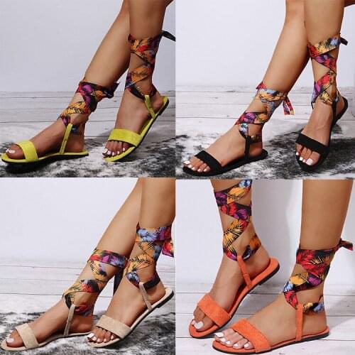 Womens 2021 Summer New Flat Footwear Sandals with Print Strapping Rings Roman Shoes Female Large Size Outer Suede Slippers