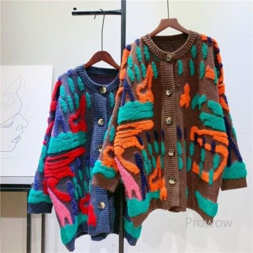 Oversized Cardigan Long Contrast Color Graffiti Thickened Sweater Coat Women Autumn Winter Knitted Jacket Korean Loose Knitwear