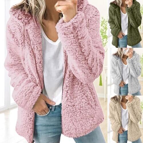 Women Autumn Winter Zipper Pockets Long Sleeve Faux Fleece Coat Hooded Outerwear