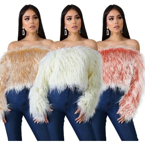 Faux Fur Long Sleeve Coat Slash Off The Shoulder Sexy Cropped Top Women Fall Winter Clothings Ladies Office Elegant Pullover Top