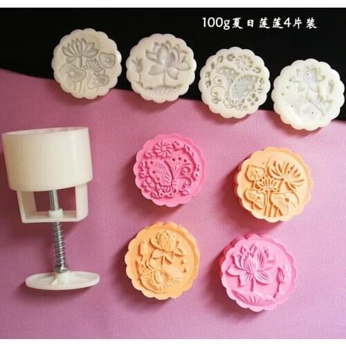 100g round shape mix flower design Mooncake mung bean cake Molds mould with 4 Stamps plastic hand pressure , 50sets/lot