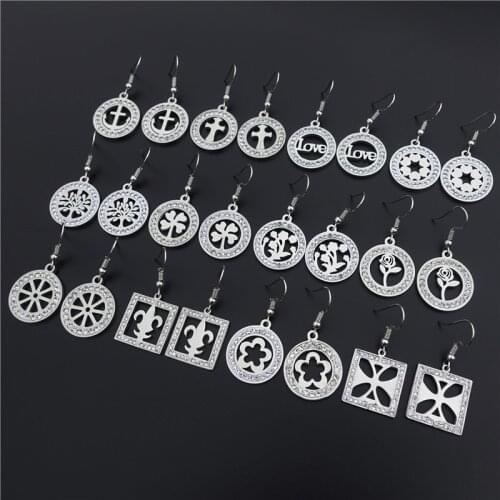 Stainless Steel Earrings Clay Inlaid Crystal Plant 4 Leaf Clover Rose Flower Life Tree Anchor Cross Love 12 Pairs/lot Mix Styles