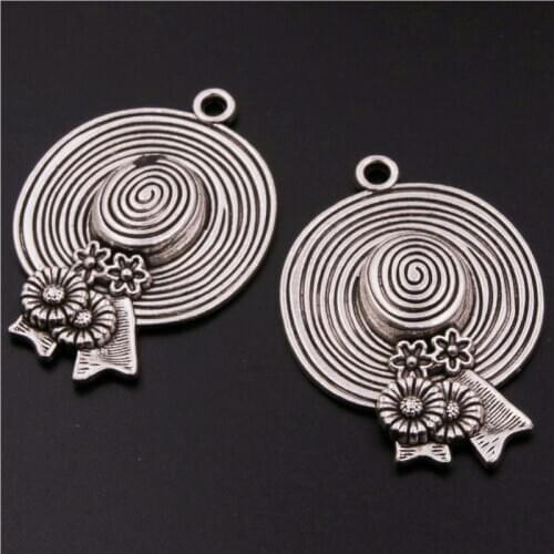 4pcs Silver Plated 3D Straw Hat pendants Retro Necklace Earrings DIY Charm Jewelery Handmade Metal Accessories 47*39mm A523