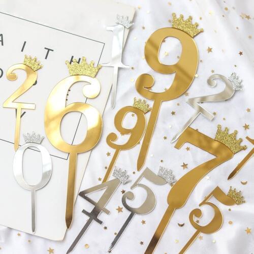 5pcs Gold Silver Acrylic Number 0-9 Diamond Crown Collection Cake Toppers for Birthday Party Dessert Cake Decor Topper Supplies
