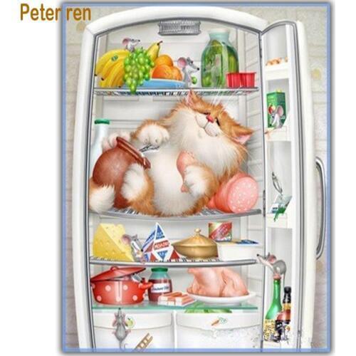 Diy Full embroidery diamond painting cat in fridge 5d mosaic square diamonds rhinestone cute decorative cross stitch needlework