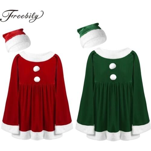 Kids Girls Dress Christmas Costume Outfit Sleeveless Cloak Dress With Hat Xmas Santa Claus Suit Cosplay New Year Party Dress Up