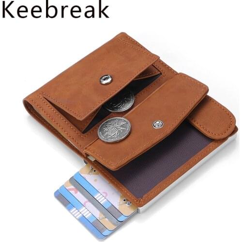 DIENQI Vintage Men Card Holder RFID Metal Cards Wallets Safety Buckle Coin Money Bag Leather Mens Credit Cardholder Portemonnee