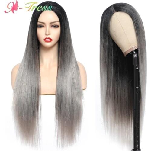 Long Straight Wig Natural Looking Ombre Synthetic Wigs for Black Women X-TRESS Smooth Smoky Gray Middle Part Lace Wigs for Daily