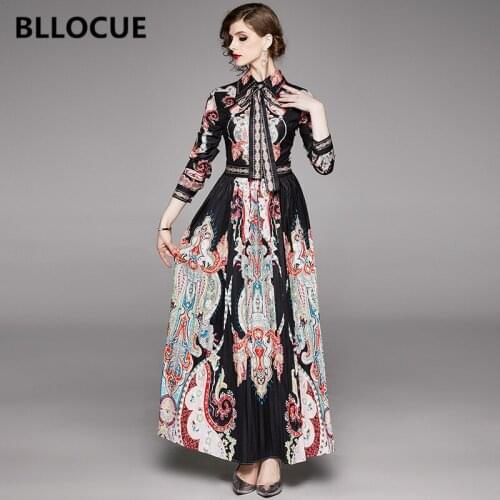 BLLOCUE Elegant Turn Down Collar Long Shirt Dress 2020 Spring Women Vintage Printed Long Sleeve High Waist Pleated Maxi Dress