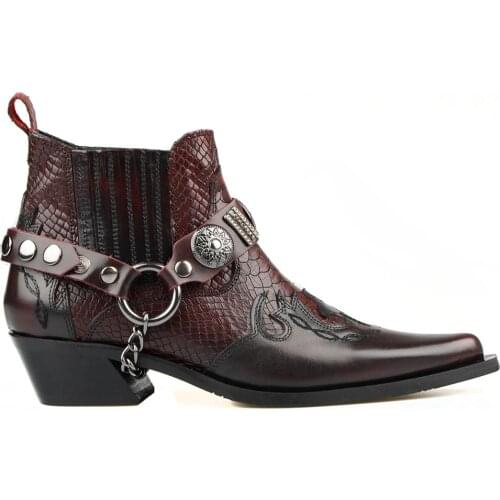 FootCourt- Burgundy Color Women Western Ankle Boots Claret Red Genuine Leather Cowgirl Boots Cowboy Boots Snake Printed Leather