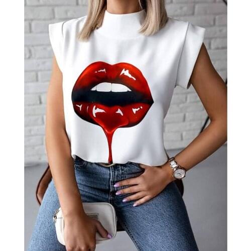 Hirigin Women T-Shirt Fashion Elegant Lips Print Tops Summer Office Ladies Casual Stand Neck Short Sleeve Summer Clothing