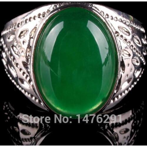 Artificial Green Jades Oval Bead Inlaid Finger Ring GEM Size 8