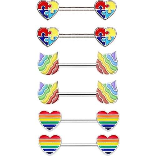 New Desingn Stainless Steel Rainbow Color Cartoon Cat Heart Nipple Rings For Women Body Piercing Jewelry