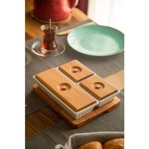Creative Wood Snack Breakfast Serving Platter Tray Ceramic Bowls with Wood Lid Set of 7 Kitchenware Picnic Snack Serving Platter
