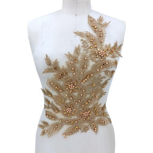 Sew on rhinestones lace applique light golden trim patches patches 46*32cm for dress DIY accessories