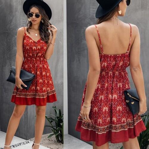 Summer Dress Women Floral Print Sling Backless Mini Dresses Femme Robes Slip Elastic Waist Sleeveless Dress For Woman Vestidos