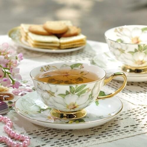 180 ml Noble Ceramic set of 6 Tea Cup Set with spoon Bone China tableware florals gilded Coffee tea cups and saucer with rack