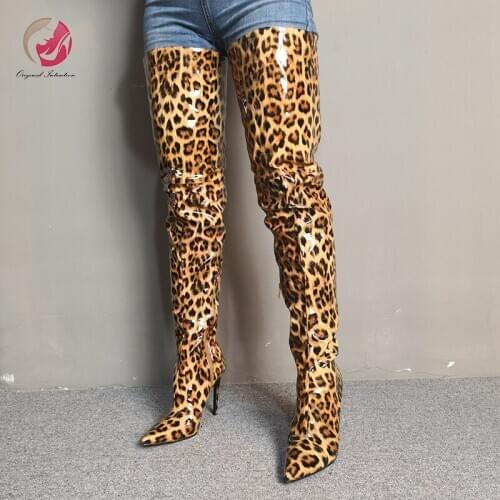 Original Intention New Stylish Sexy Lady Thigh High Leopard Boots Pointed Toe Thin High Heels Charming Long Boot Woman Plus Size
