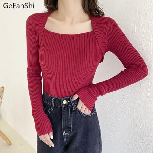 New Autumn Winter Fashion Square Collar Bottom Sexy Pullovers Knitted Ladies Sweater Womens Solid Slim Long Sleeve Knitwear Tops
