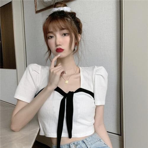 Contrasting Square Collar Shirt Female Summer New Design Sense Niche Small Fragrance Shirt French Slim Short-sleeved Top Trend