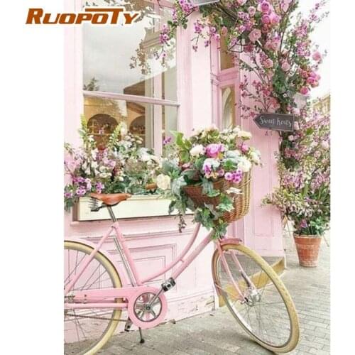 RUOPOTY Bike Front Flower Stores Landscape Painting By Numbers Kits For Adults Oil Paints Framed Diy Gift Bedroom Decor Wall Pho