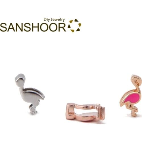 SANSHOOR Lovely Pink Flamingo Slide Charms Fit 10mm Wrap Leather Keeper Bracelets Handmade Accessories For Women Jewelry 6Pcs