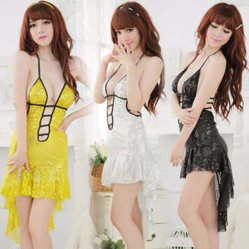 Sexy Erotic mini dress shinny Perspective Underwear Costume Backless Sexy Sequins Fishtail skirt Lenceria lady