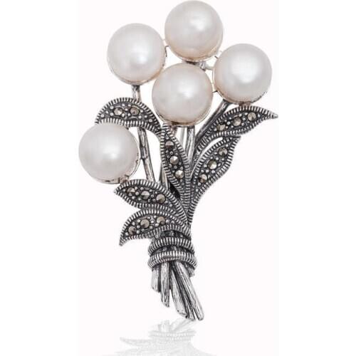 Silverlina Silver Marcasite Sterling Pearl Harness Brooch