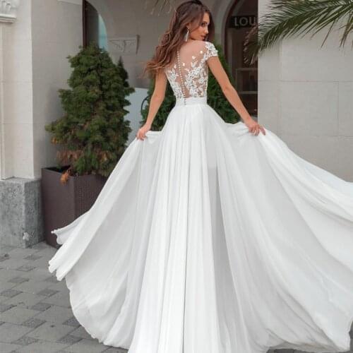 New Sexy Illusion Wedding Dresses Cap Sleeve Beaded Applique A-line Chiffon Vestidos De Novia вечернее платье فساتين السهرة