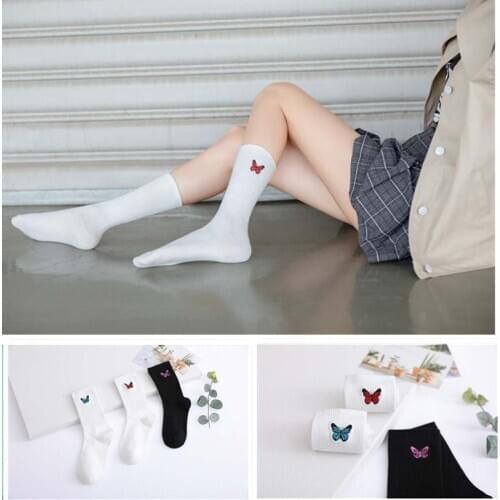 Japanese Korea High School Girls High Socks cute and Fashionable Embroidered butterfly Knitting Cotton Long Socks Women