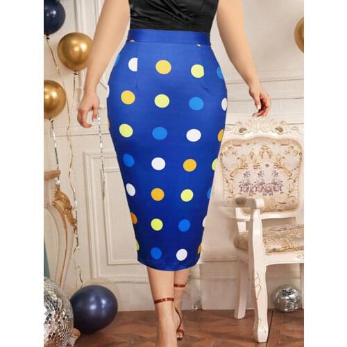 Midi Skirt High Waist Polka Dot Floral Print Office Lady Elegant Summer Fashion Jupes Plus Size Skirts for Women Dropshipping