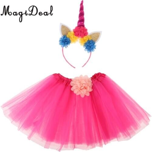 MagiDeal 2pcs/Set Girls Tutu Skirt Dress Unicorn Flower Headband Set Kids Girls Party Costume Accessories