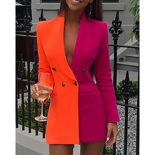 2021 Spring Fashion Elegant Colorblock Patchwork Blazer Style Long Sleeve Dress Buttoned Deep V-Neck Workwear Mini Straight Robe
