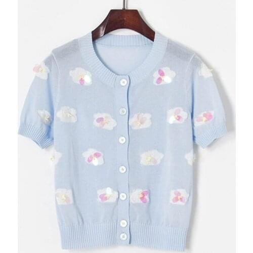 Thin Summer Cardigan Women 2021 Sweater Shirt Fashion O Neck Single Breasted Short Sleeve Sequins Jacquard Knit Cardigan pink