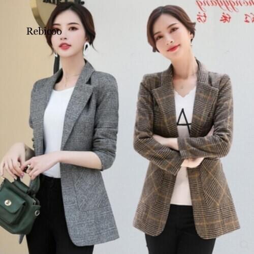 Vintage Office Lady Notched Collar Plaid Women Blazer Single Button Autumn Jacket Casual Pockets Female Suits Coat