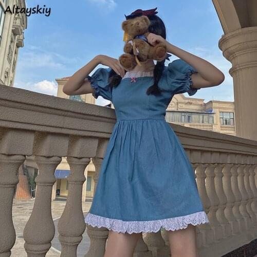 Mini Dresses Women Patchwork Panelled Square Collar Puff Sleeves Denim Kawaii College Students Female Casual Popular Ins Vestido