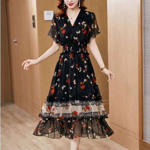 Flower Butterfly Printinng Black Long Summer Skirt Lady Short Sleeve V-Neck Elegant Style Silk Dresses Women Soft A-Line Skirts